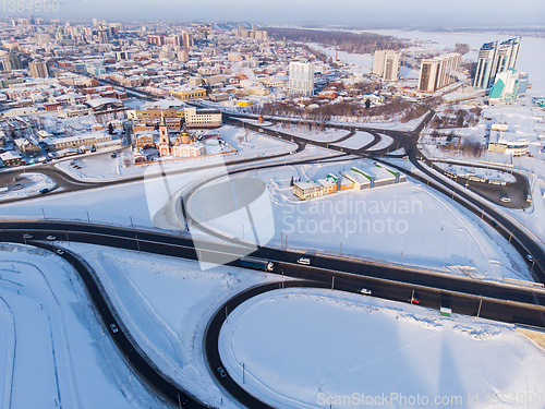 Image of Aerial shot of bridge and car driving on the bridge