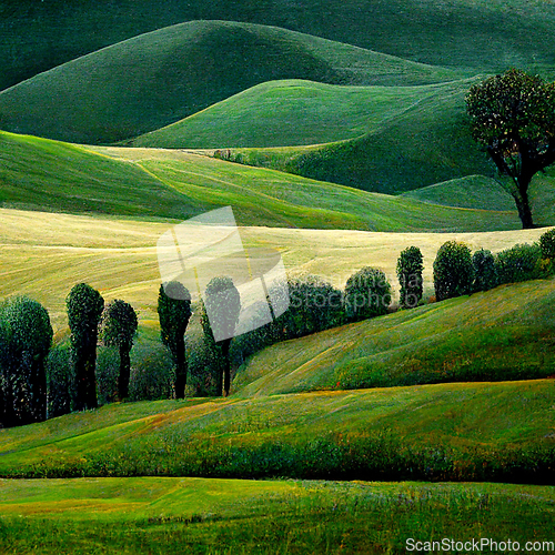 Image of Well known Tuscany landscape with grain fields, cypress trees an