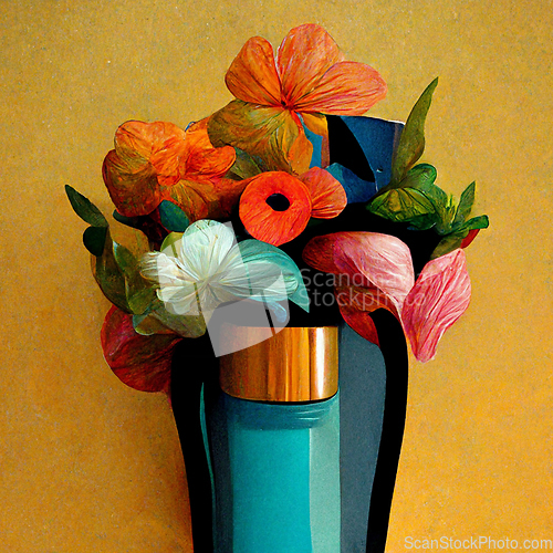 Image of Vase with spring multicolor flowers bouquet. 