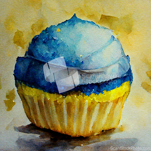 Image of Yellow and blue watercolor cupcake. Delicious vanilla cake with 