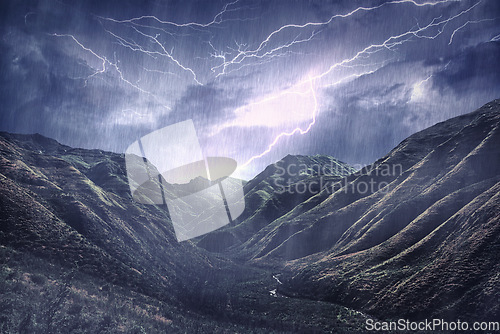 Image of Sky, thunderstorm and mountain with bad weather, nature and environment with a storm. Forest, hills and rain with lighting, rivers or majestic view with beauty landscape or winter with ecology