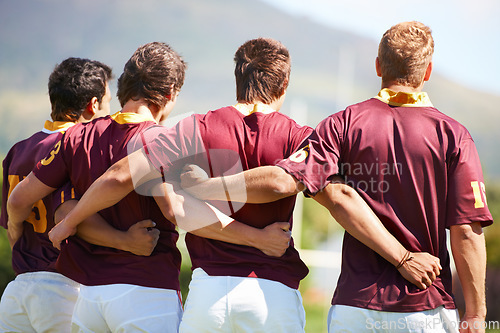 Image of Back, rugby team and sports with men in a line outdoor on a field before a game or competition in summer. Teamwork, sport and unity with male athletes or players getting ready for training or a match