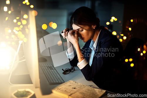 Image of Stress, night or businesswoman with office headache pain from job pressure, burnout or company fatigue. Bad migraine problem, anxiety or tired girl employee depressed or frustrated by late deadline