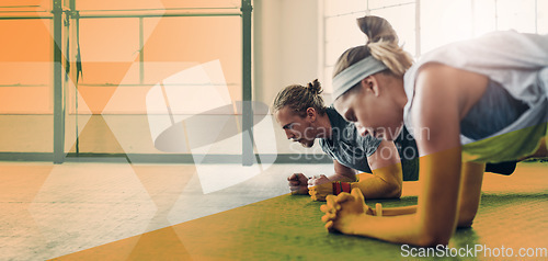 Image of Fitness, people and plank exercise at gym together for training workout. Athlete man and woman team on ground for power challenge, commitment or strong muscle at wellness club with mockup and overlay