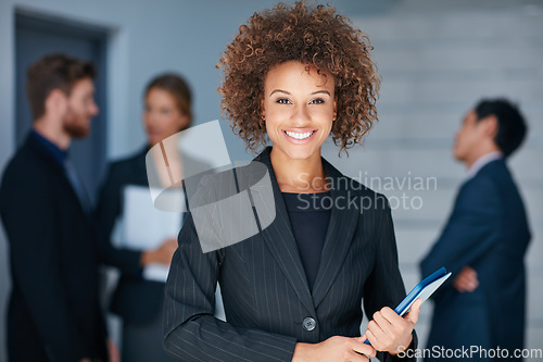 Image of Portrait, digital tablet and business woman in office for meeting, planning or briefing with team. Face, leader and african female person online for schedule, management and proposal, plan or goal