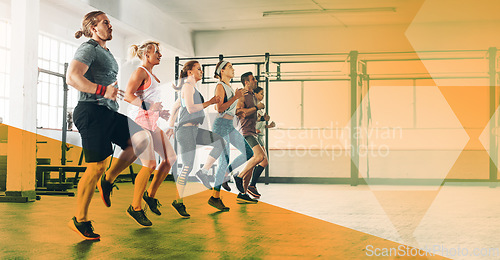 Image of Group, gym exercise and cardio training or fitness, workout and class, club or team running or challenge, practice or healthy routine. People, personal trainer or friends exercising with banner space