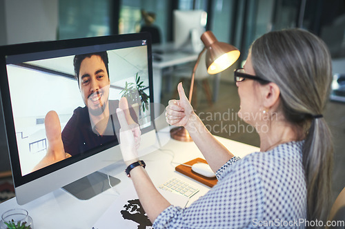 Image of Online meeting, thumbs up and business team in agreement on video call or webinar of a startup company. Yes, thank you and colleagues or woman talking to employee on internet conference or interview