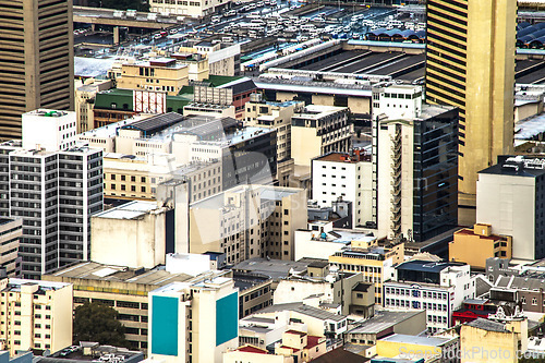 Image of City skyline, urban buildings and landscape for development, infrastructure and outdoor in Cape Town. Metro cbd, skyscraper and tower building in modern cityscape, street and architecture network