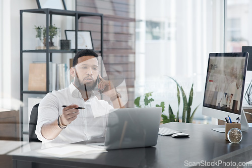 Image of Laptop, phone call and planning with a business man at his desk in the office for communication or networking. Computer, mobile and contact with a male employee working online for company negotiation