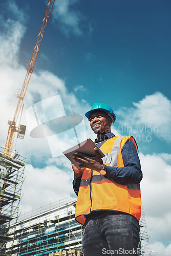 Image of Engineer man, construction and thinking with a tablet for project management, development and architecture. Happy black male contractor with mobile app for engineering, inspection or planning outdoor