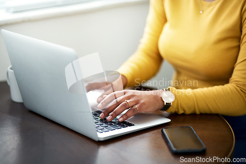 Image of Typing, computer and woman hands for planning, website research and creative blog with remote work or opportunity, Startup, software and person search job on laptop, copywriting ideas or inspiration