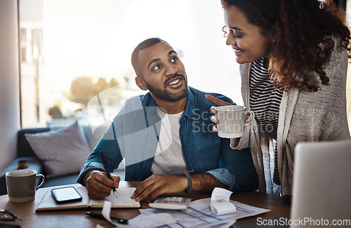 Image of Couple, budget and finance, bills with paperwork of financial information, happy with savings and income. Mortgage, insurance and taxes, man and woman at table with bookkeeping and home accounting