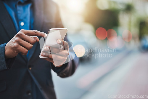 Image of Business, phone and hands of man in city for networking, online website and social media contact. Communication, mobile app and male person on smartphone for email, research and travel gps in street