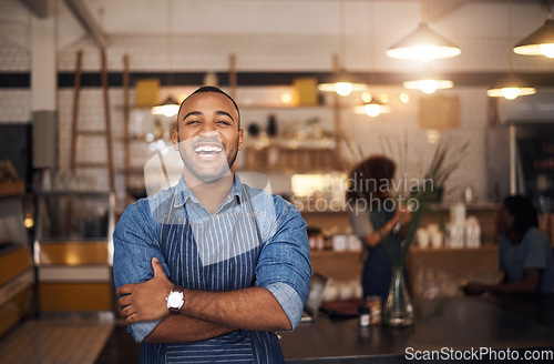 Image of Coffee shop, waiter and portrait of black man laugh in restaurant for cafe service, working and crossed arms. Small business owner, bistro startup and happy male barista in cafeteria ready to serve