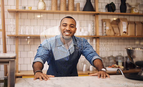 Image of Coffee shop, happy and portrait of black man in restaurant for service, working and welcome in cafe. Small business owner, barista startup and male waiter smile in cafeteria ready to serve by counter