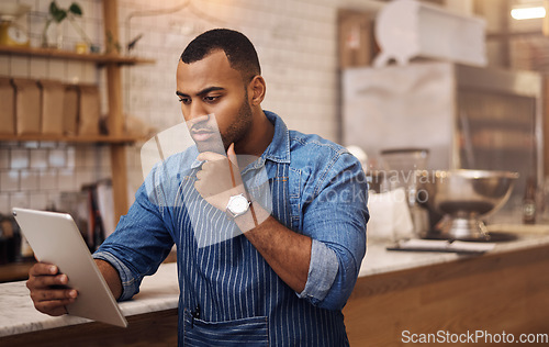 Image of Thinking, tablet and manager with man in cafe for online, entrepreneurship and startup. Retail, technology and food industry with small business owner in restaurant for African barista in coffee shop