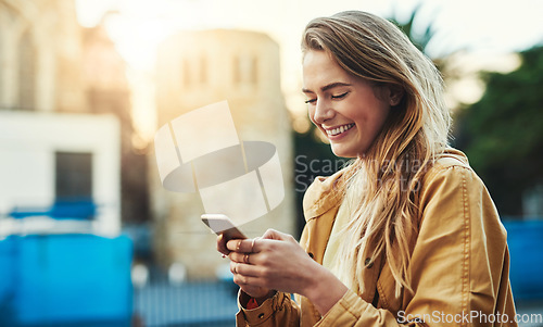 Image of Woman laughing at meme on cellphone, communication in city and chat on social media with connectivity outdoor. Happy female person in urban street, text contact with mobile app and comedy online