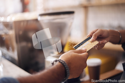 Image of Credit card, cashier and hands of customer in cafe for payment, financial transaction and point of sales service. Closeup of finance, trade and bills to barista in coffee shop, b2c offer and shopping