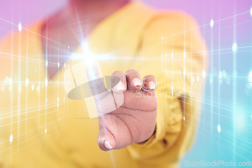 Image of Touch, digital lights and woman hand isolated on a neon background in holographic, metaverse and futuristic technology. Finger, screen and person hologram, networking overlay or software in studio