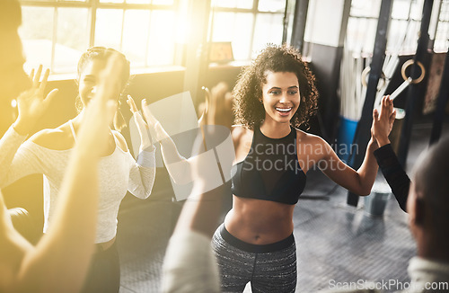 Image of Funny, high five and collaboration of people in gym for fitness, team building and solidarity. Teamwork, group of friends and celebration for exercise targets, goals or support, success or lens flare