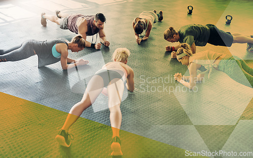 Image of Plank, fitness people and gym group together for exercise, workout and training in class. Athlete men and women from above for power challenge, commitment or strong muscle at a club with overlay