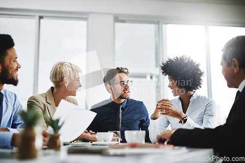 Image of Business people, team meeting and planning with company contract and deal with conversation. Staff, communication and paperwork with a businessman with diversity coworkers working on a job strategy