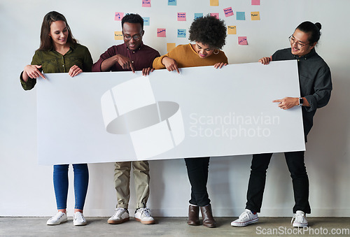 Image of Business, creative and staff with a poster, mockup and opportunity with ideas, teamwork and collaboration. Group, employees or coworkers with banner, paper and ideas for promotion, choice or decision