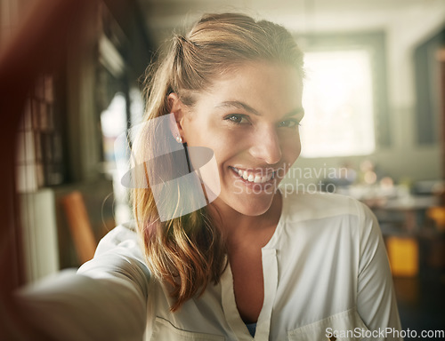 Image of Coffee shop, selfie and happy woman or portrait, photograph or positive morning, picture and social media post on blog. Female person, face and smile with confidence, satisfaction or happiness