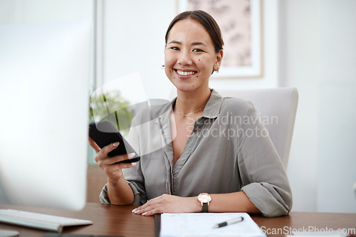 Image of Phone, office portrait and business woman with social media networking, communication and typing on internet. Happy face of asian person, worker or employee on mobile app for career planning and chat