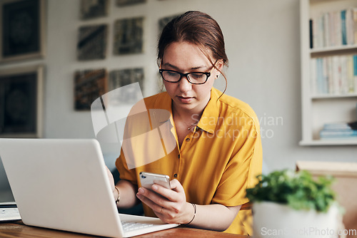 Image of Phone, business and search with woman in home office for networking, social media and remote worker. Communication, contact and internet with female freelancer for technology, blog and email planning