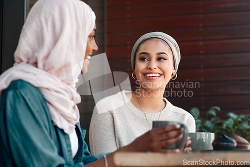 Image of Happy, coffee and smile with Muslim women in cafe for conversation, food and social. Friends, relax and culture with arabic female customer in restaurant for discussion, happiness and meeting