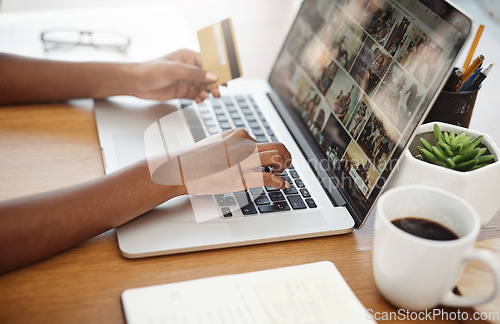 Image of Laptop, hands and payment with credit card for online shopping, e-commerce or internet store. Closeup of female entrepreneur at desk with keyboard for banking, booking or fintech website for business