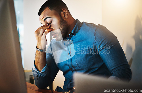 Image of Migraine, burnout and businessman working in office at night with computer for corporate research. Stress, headache and professional African employee working overtime on deadline project in workplace