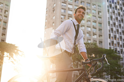 Image of Cycling, morning and business man in city for commute, carbon neutral and transportation. Sustainable, professional and travel with male employee walking with bike in urban town for journey and trip