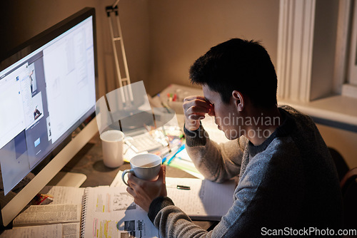 Image of Man, studying and headache in night by computer for test, assessment or stress in college dorm room. Male university student, tea cup or burnout with anxiety, fatigue or tired with books for learning