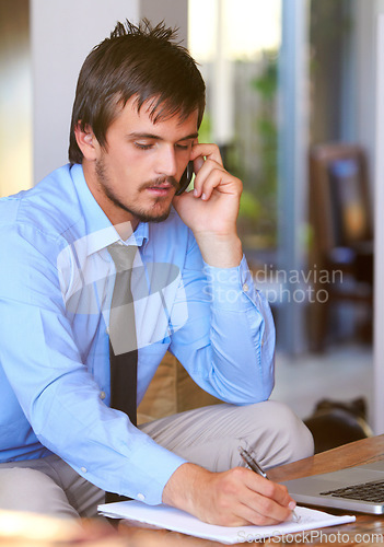 Image of Cellphone, businessman on call and paperwork or document of schedule. Communication or consulting, man multitasking holding pen and smartphone taking notes of corporate information at office