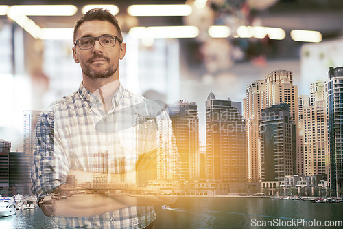 Image of Business man, double exposure and arms crossed by cityscape in portrait with confidence, career or overlay at job. Businessman, holographic city and metro buildings in workplace with entrepreneurship