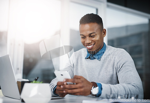 Image of Business, smile and man with a smartphone, mobile app or connection at the workplace. Male professional, consultant or employee with a cellphone, communication or entrepreneur with social media