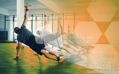 Image of Fitness people, gym and group side plank exercise, workout and training in class. Athlete men and women from back for power challenge, commitment or strong muscle at a club with mockup overlay