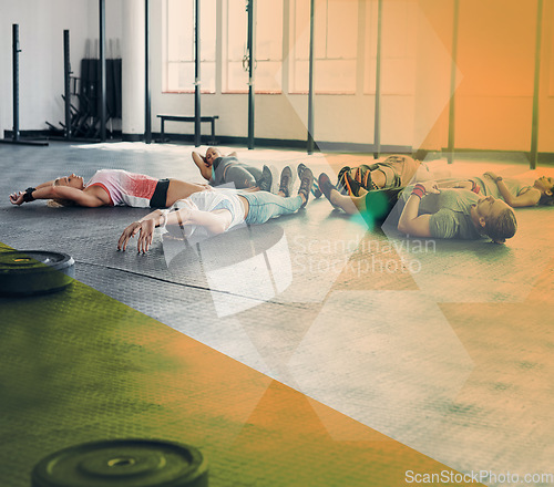 Image of Fitness, exercise and group of people lying in circle for workout, training or relax in class. Athlete men and women together for challenge, commitment and rest or meditation at club with overlay