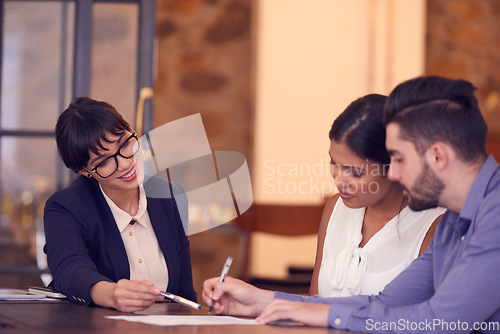 Image of Happy people, financial advisor and consulting couple for contract, loan application and asset management. Finance consultant, meeting and sign paperwork for banking investment, policy and insurance