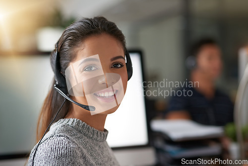 Image of Call center, smile and portrait of woman at computer for customer service, help desk and consulting. Happy, mockup and ecommerce with employee in office for contact us, telemarketing and receptionist