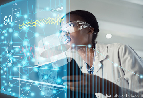 Image of Woman, doctor and digital transformation in medical research, statistics or data at the hospital. Female healthcare professional looking at technology dashboard for futuristic science and innovation