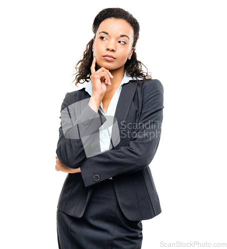 Image of Business woman, thinking finger hand on isolated white background in finance growth goals, target or future vision. Corporate, worker or employee suit and ideas, financial strategy planning or mockup