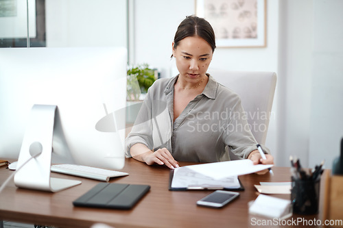 Image of Documents, clipboard and business woman in office for company report, proposal or policy management. Contract analysis and professional asian person reading paperwork or checklist for insurance check