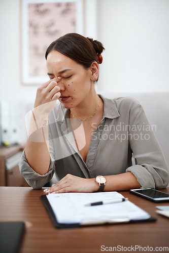 Image of Documents, headache and business woman in office with career burnout, mental health risk and paperwork. Brain fog, problem or pain of asian person or employee for fatigue, stress or anxiety and notes