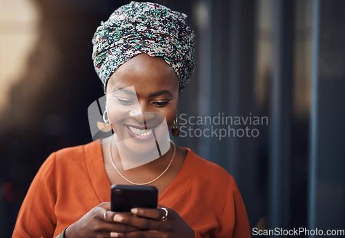 Image of Black woman, happiness and phone typing with online communication and networking. Happy, smile and business employee on a mobile with social media and internet scroll reading a web message with joy