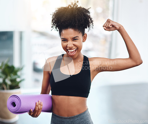 Image of Black woman, flex and muscle for fitness or portrait of motivated athlete or yoga mat and happy for exercise indoors. Workout, training and girl runner energy or goal for muscle in gym for sports