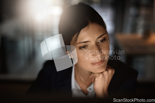 Image of Thinking, night work and woman in modern office reading email, proposal or problem solving at start up agency. Overtime, ideas and time management, corporate worker at desk working on online report.