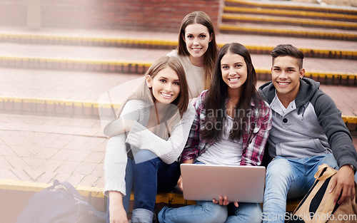 Image of Portrait of friends with laptop on campus steps, happiness and online education in college with diversity. Learning, studying and students at university with smile, internet and future opportunity.